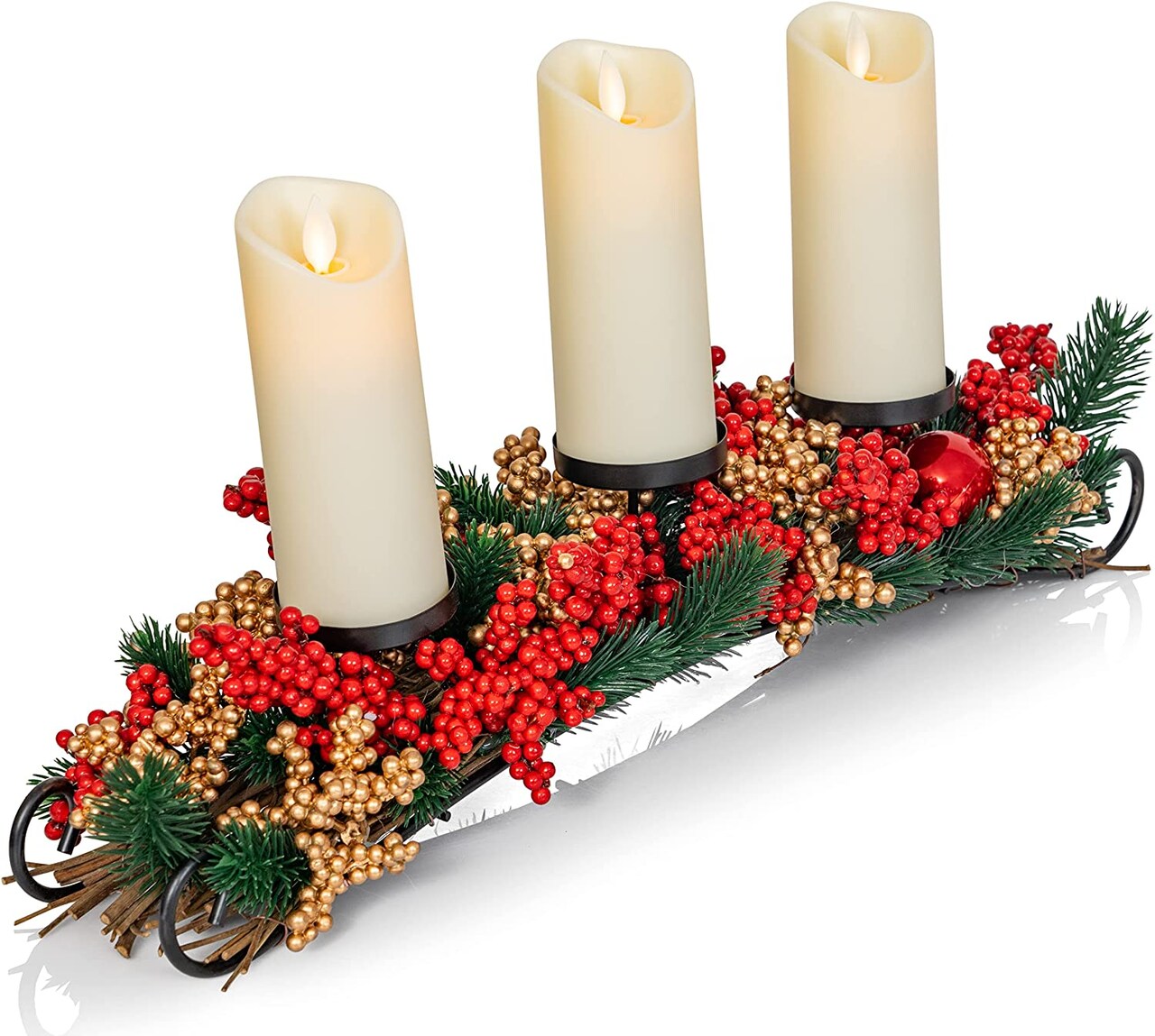 Ornativity Christmas Décor Candle Holder – Xmas Themed Candle Holder Centerpiece Decorations with Red and Gold Berries and Evergreens